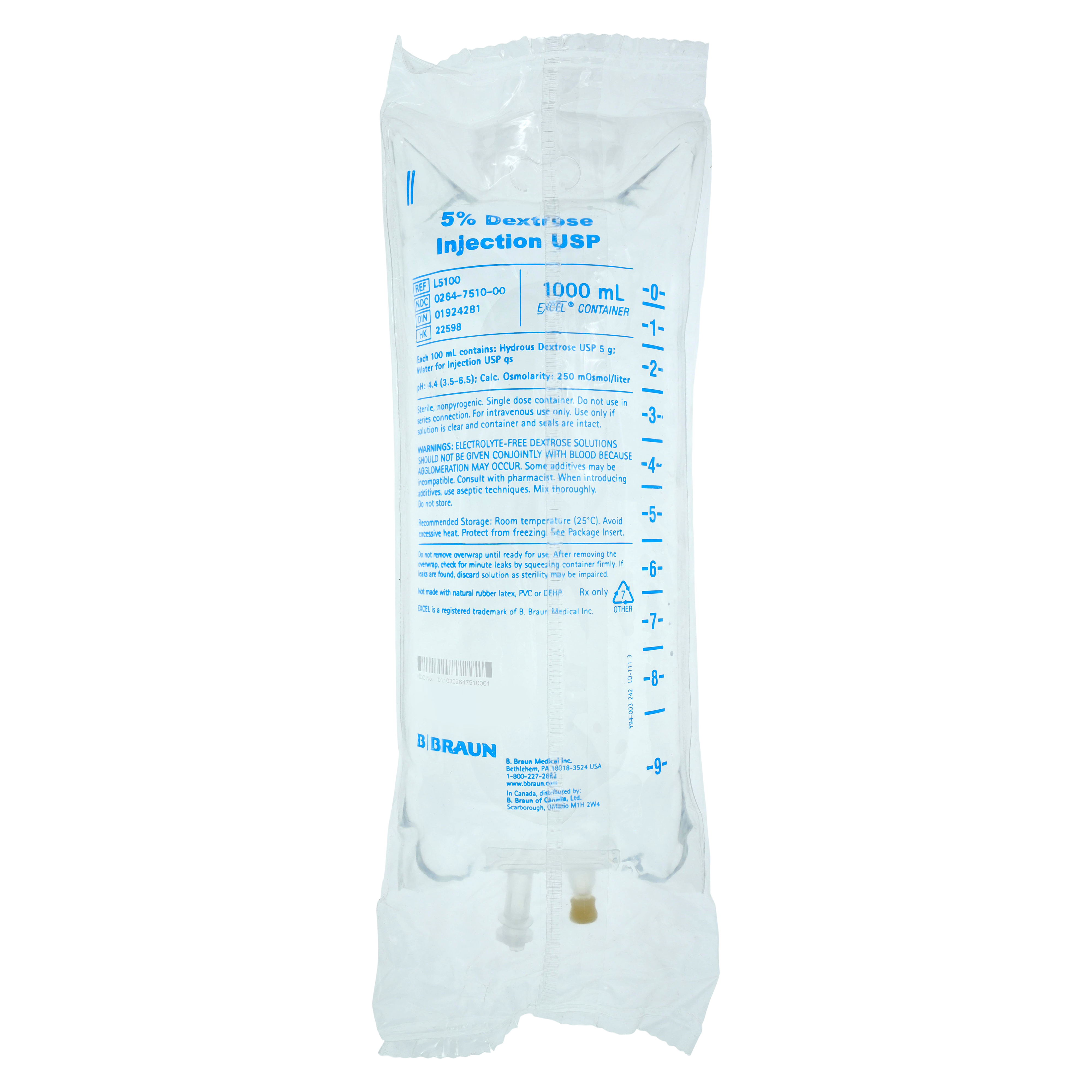 IV Injection Solution Dextrose 5%/Water 1000mL Excel IV Bag Container Bag
